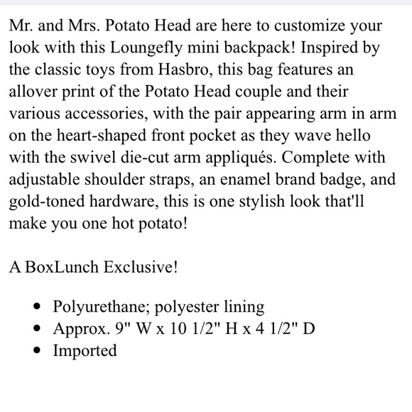 NWT Loungefly Mr and Mrs potato head mini backpack